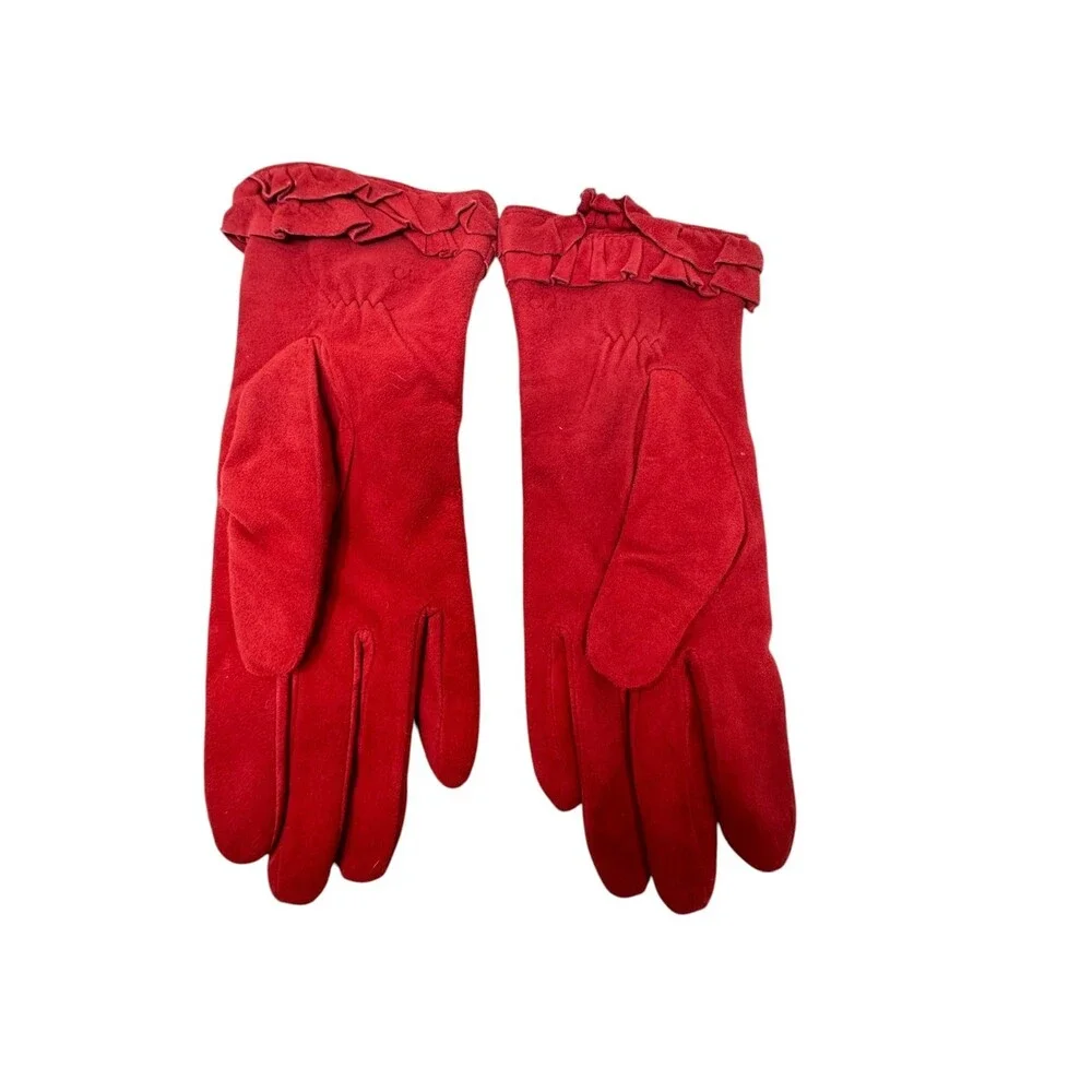 Cole Haan Red Suede Ruffle Cuff Gloves 100% Cashmere Lined womens size Medium